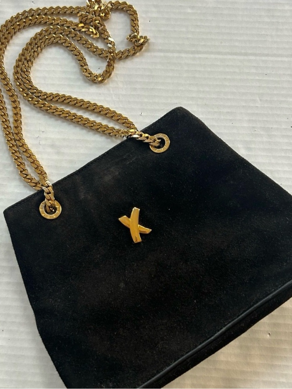 Paloma Picasso Black Suede Crossbody Bag with Gold Chain